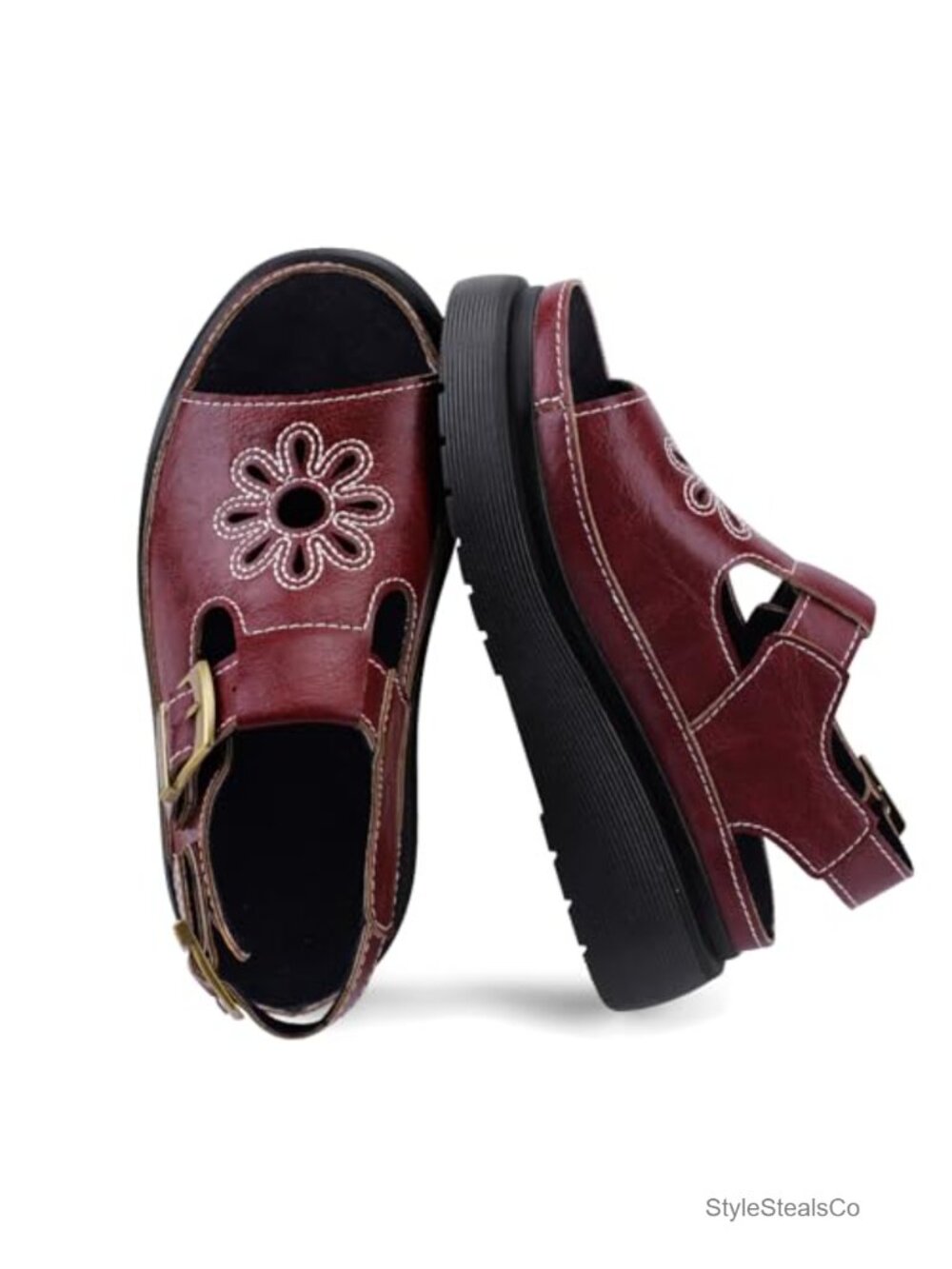 Platform Sandals Women Chunky Ankle Buckle Open Toe Floral Casual